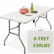 [Portable Camping Table] 6Ft Folding Table, Portable Dining Table With Carrying Handle And Locks, Picnic Table, Camping Table, Indoor & Outdoor, White
