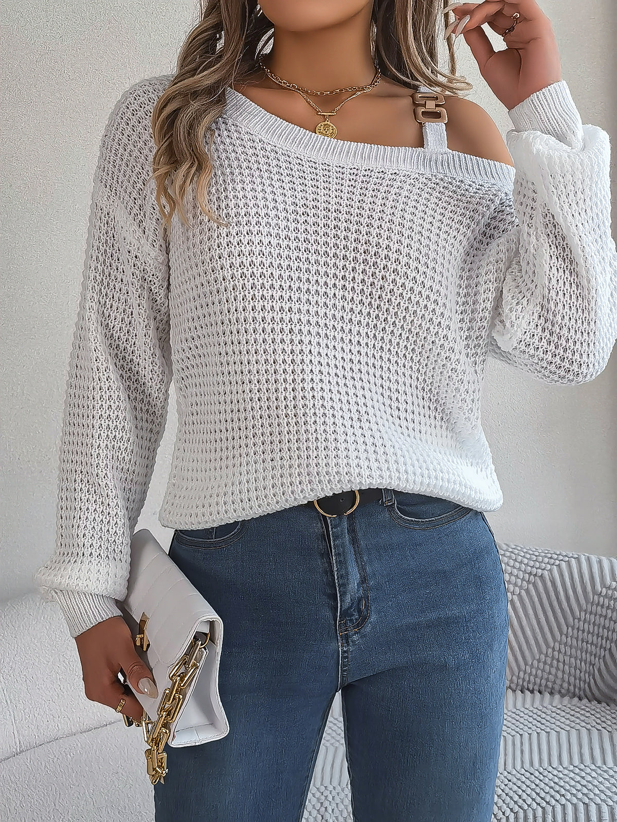 Casual Metal Button Color Block Off-shoulder Lantern Sleeve Pullover Sweater