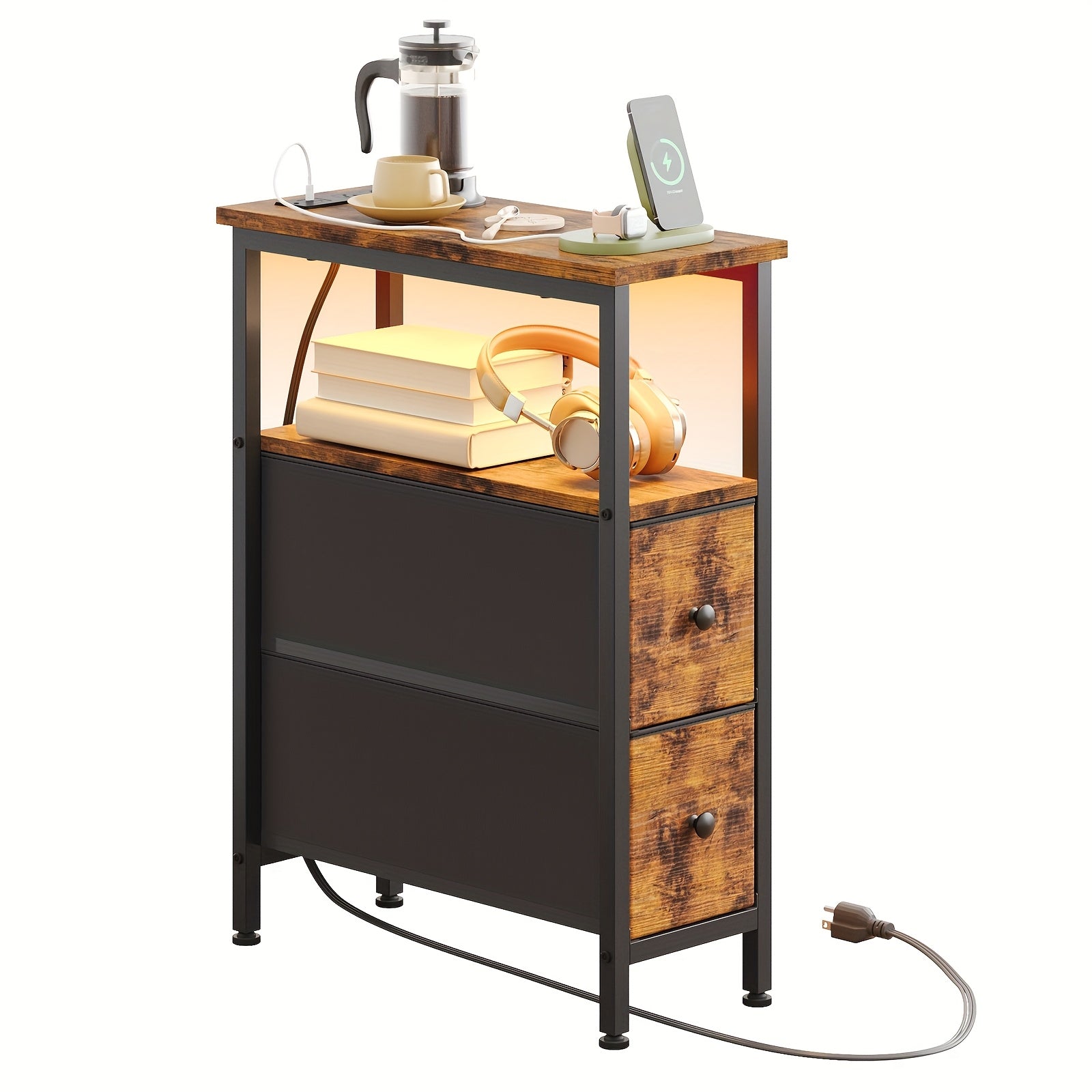 Slim End Table with Built‑In Charging Station and Two Fabric Drawers – Compact Nightstand with Cloth Storage for Small Spaces
