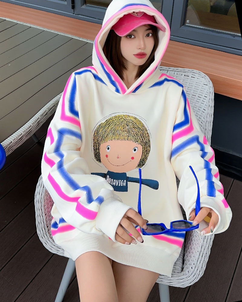 Cozy Cartoon Tie-Dye Velvet Padded Hooded Sweatshirt