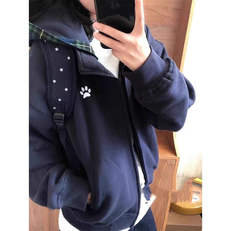 Retro Plaid Hoodie Korean Style Women Sweater