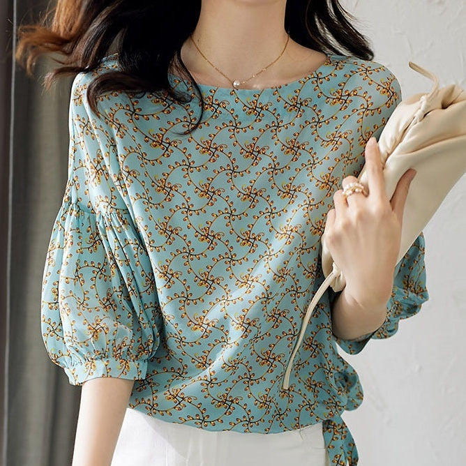 Floral Lantern Sleeve Cropped Top – Green, Flattering Fit