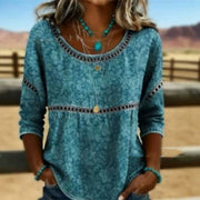 3D Floral Print Summer Crew-neck Three-quarter-length Sleeve Ruffled Top