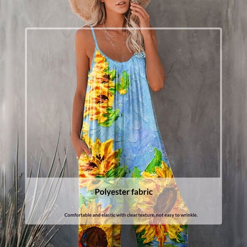 Womens SpringSummer Bohemian-Style Printed Pleated Jumpsuit With Straps