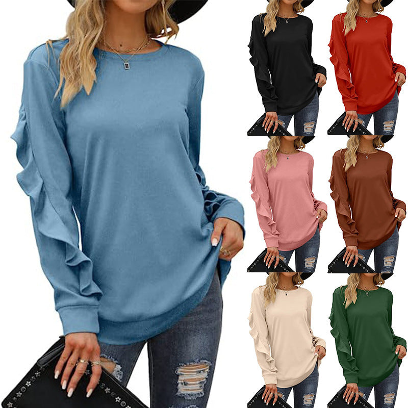 Chic Pleated Long Sleeve Round Neck Casual Women's Sweater