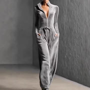 Womens Fashionable Sporty Casual Solid-Color Long-Sleeve Zippered Slim-Fit Jumpsuit