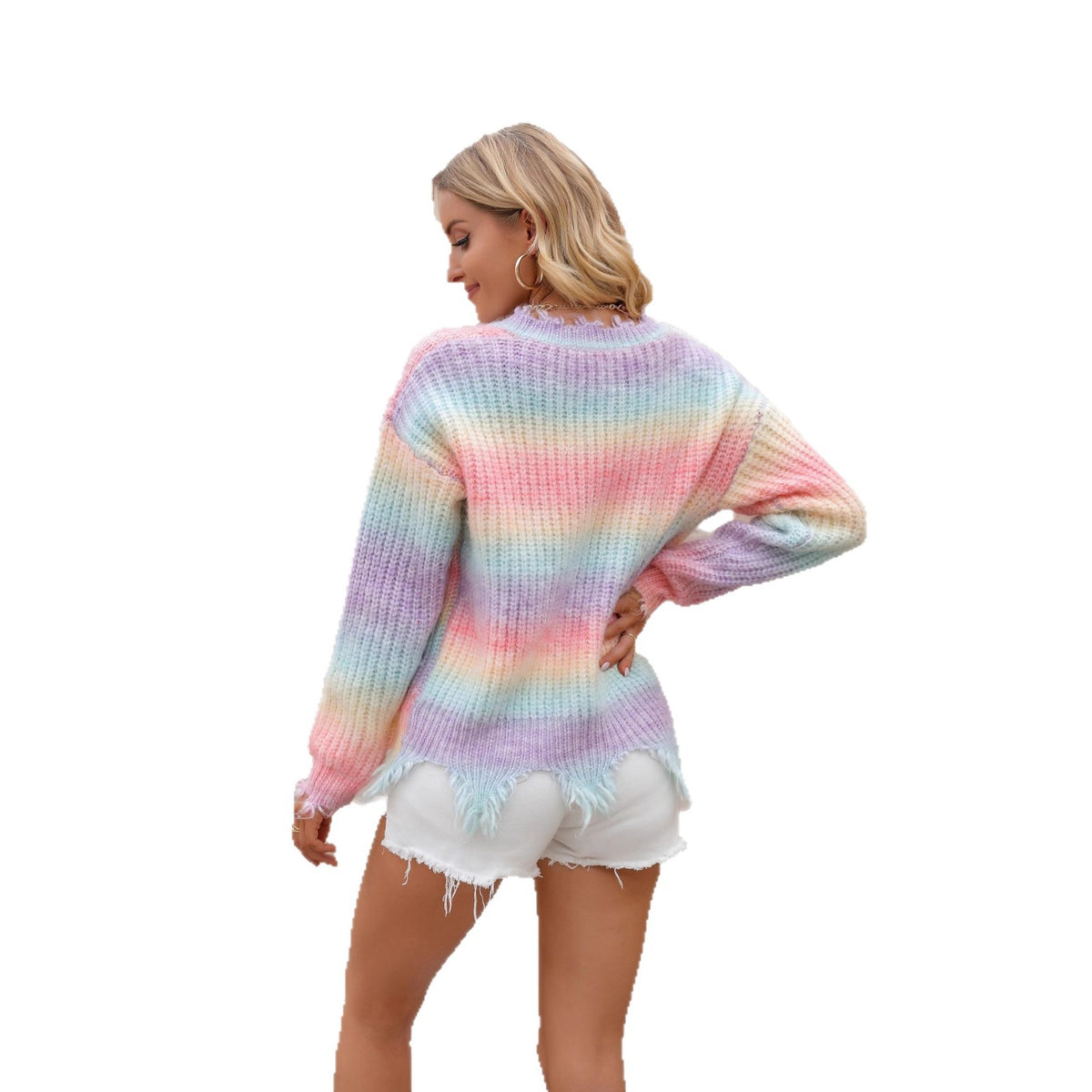 Knitted Sweater Loose Cut Tassel Plus Size Rainbow Sweater
