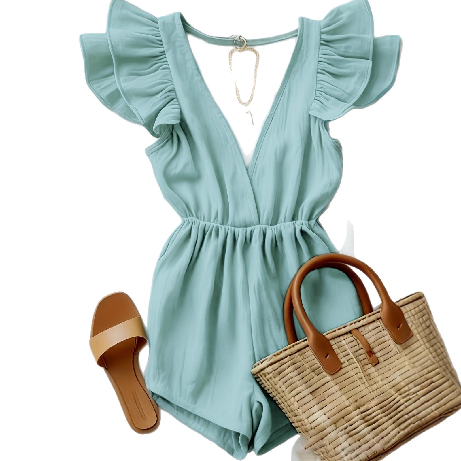 Fashionable Ruffled Deep V-Neck Backless Jumpsuit For Women