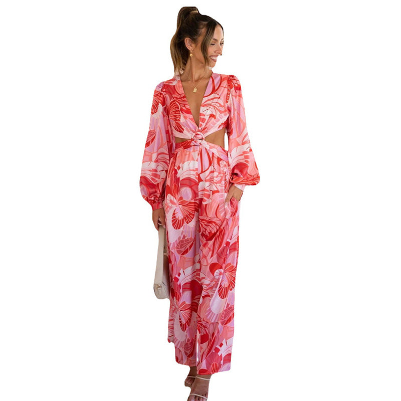 Women's Casual Backless Print Jumpsuit