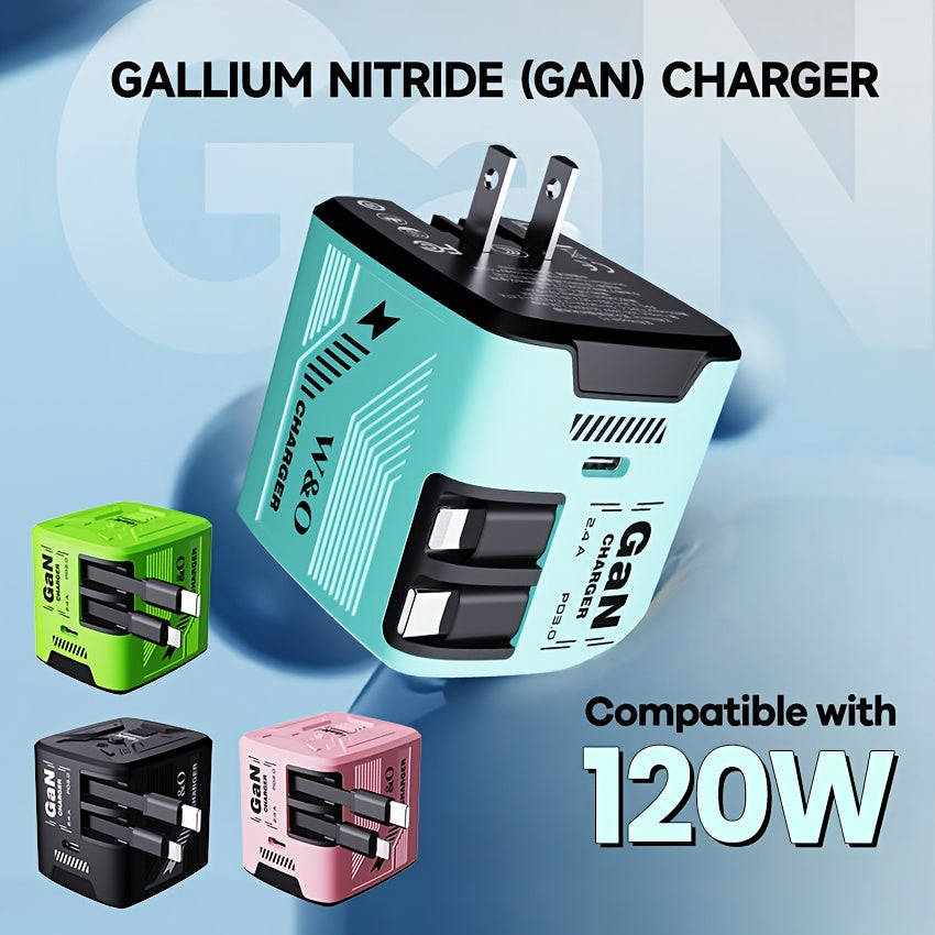 Portable GaN 120W Fast Charger - Dual 47inch/120cm Retractable Type-C+Lightning Cable, Type-C Output Port, Foldable Plug, Durable And Tangle-Free - Compatible for iPhone 16/15/14/Plus/Pro Max, for ...