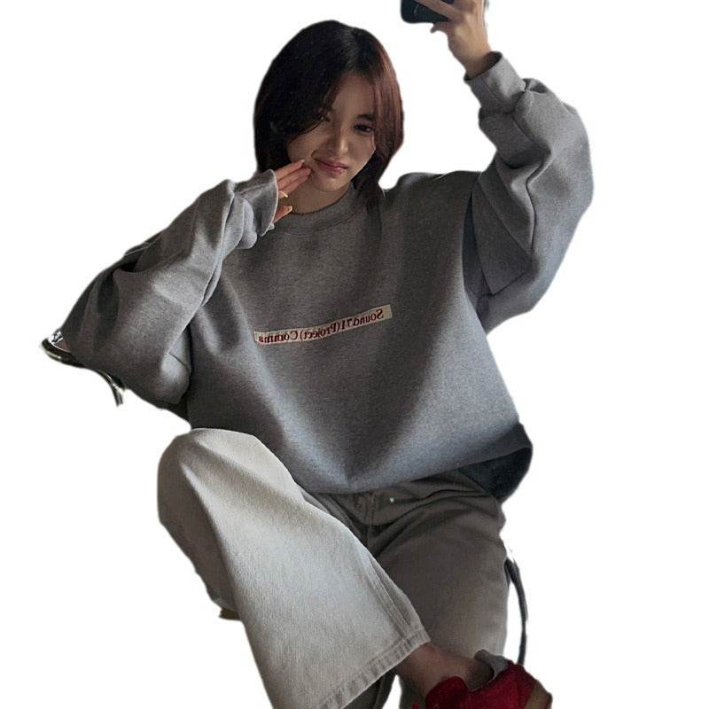 Korean Style Alphabet Embroidered Loose Round Neck Sweater