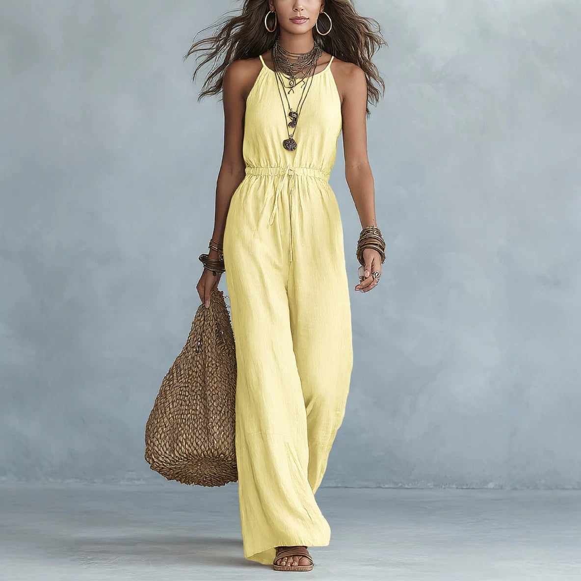 Womens Strap-style Loose-fit Wide-leg Casual Jumpsuit