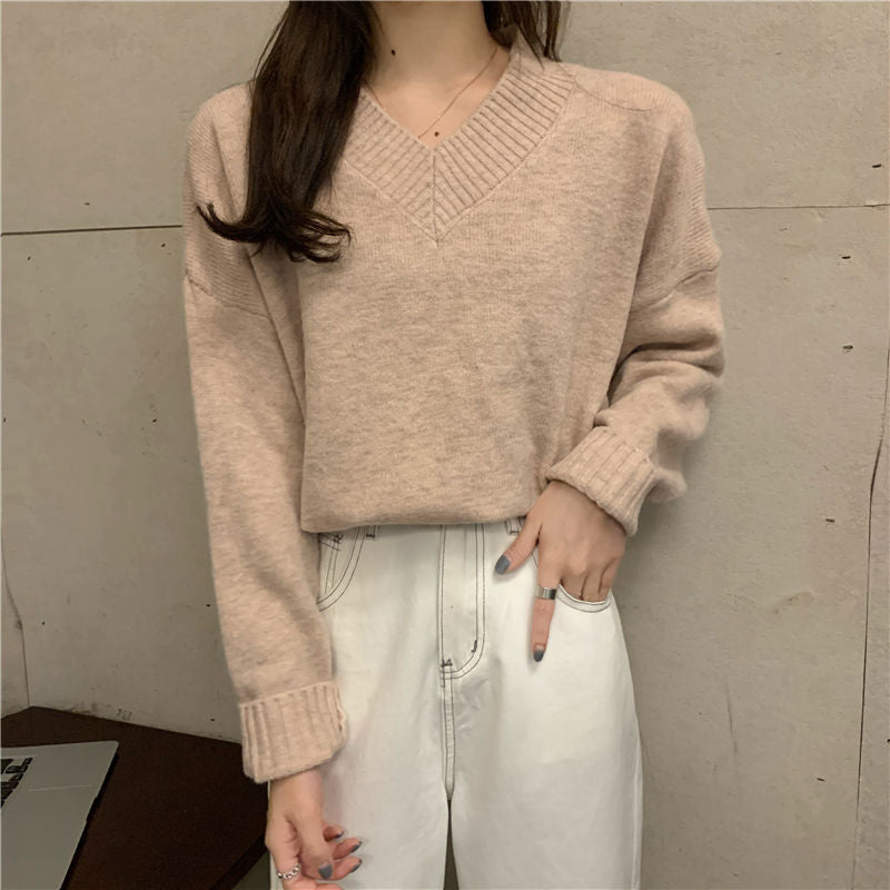 Cotton Cashmere Casual Laid-back Style V-neck Pullover Sweater