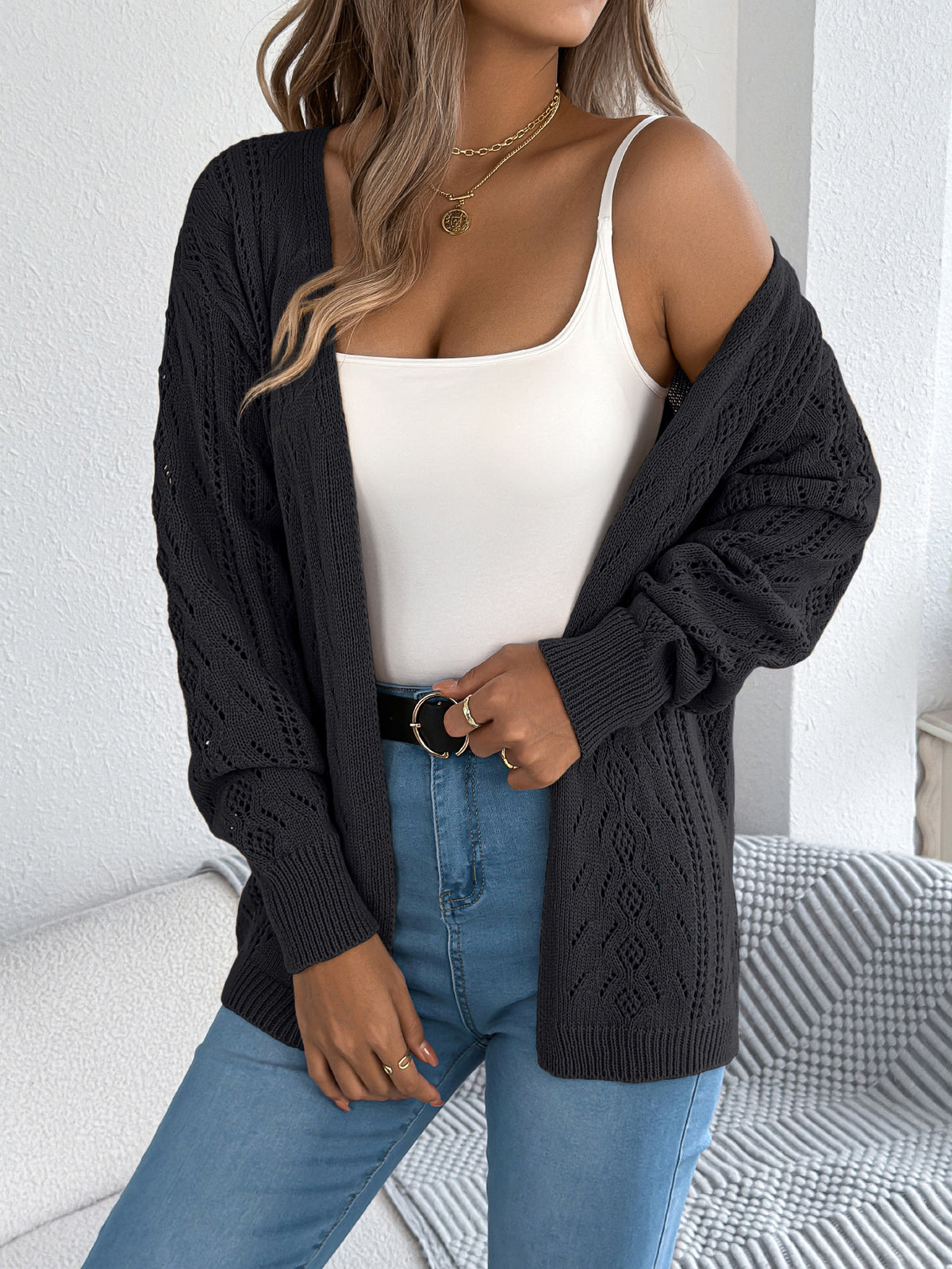 Women Casual Hollow Out Lantern Sleeve Long Sleeve Cardigan Sweater Coat