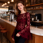 Elegant Lace-Panel Flared Sleeve Top – Wine Red