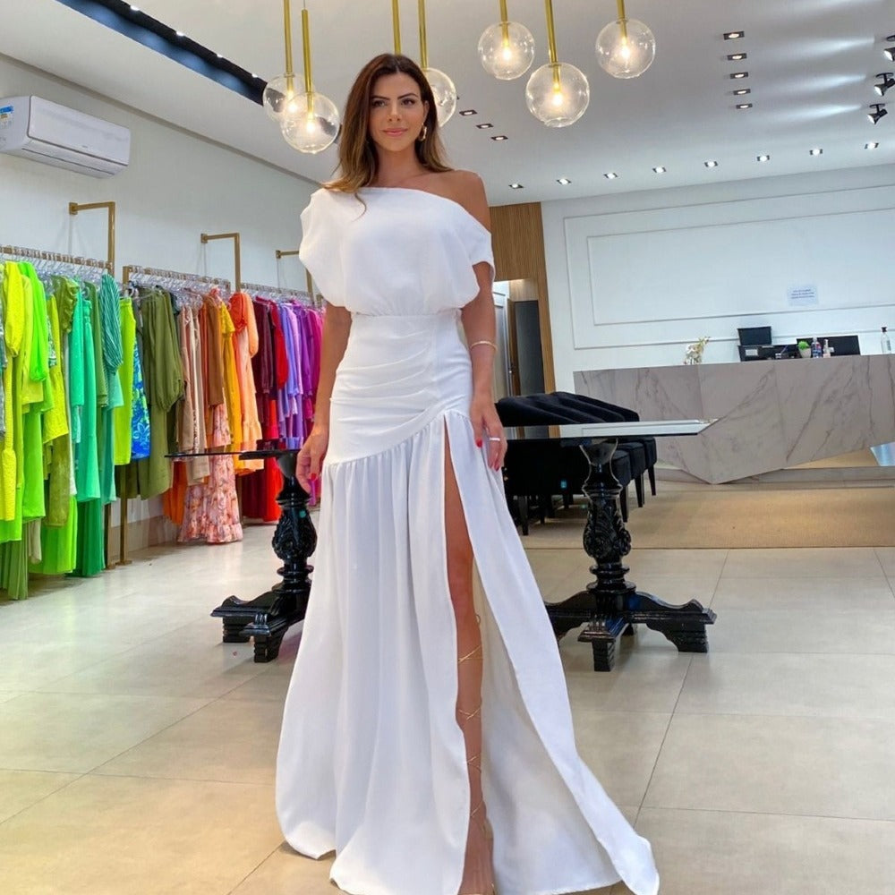 Fashionable Off-shoulder Waist-cinching Slit Maxi Dress in Solid Color