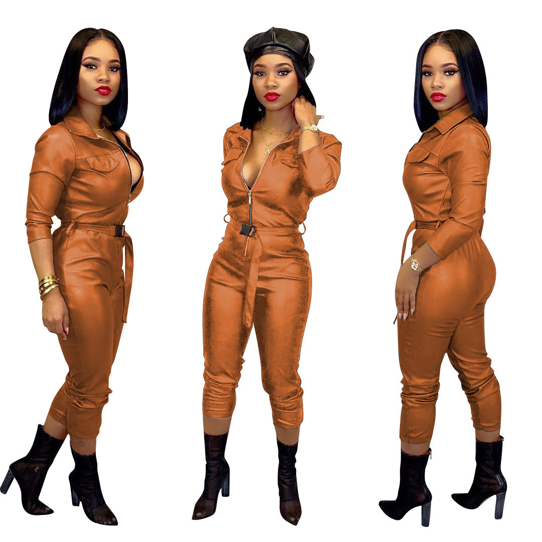 Women's High Elastic Faux Leather Casual Jumpsuit
