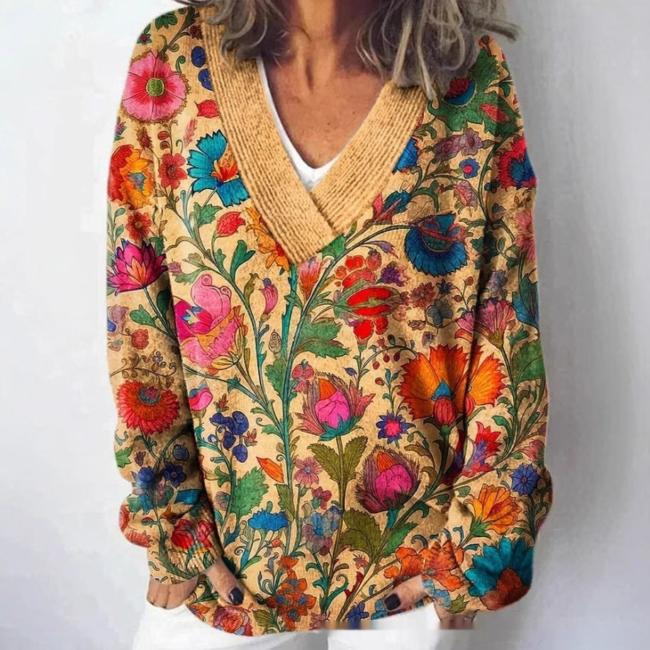 Floral Pattern Printed V-neck Long Sleeve Casual Sweatshirt