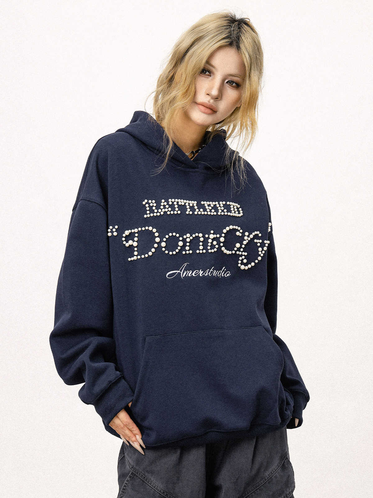 Women's Pearl Hooded Loose Autumn Winter Sweater Jacket