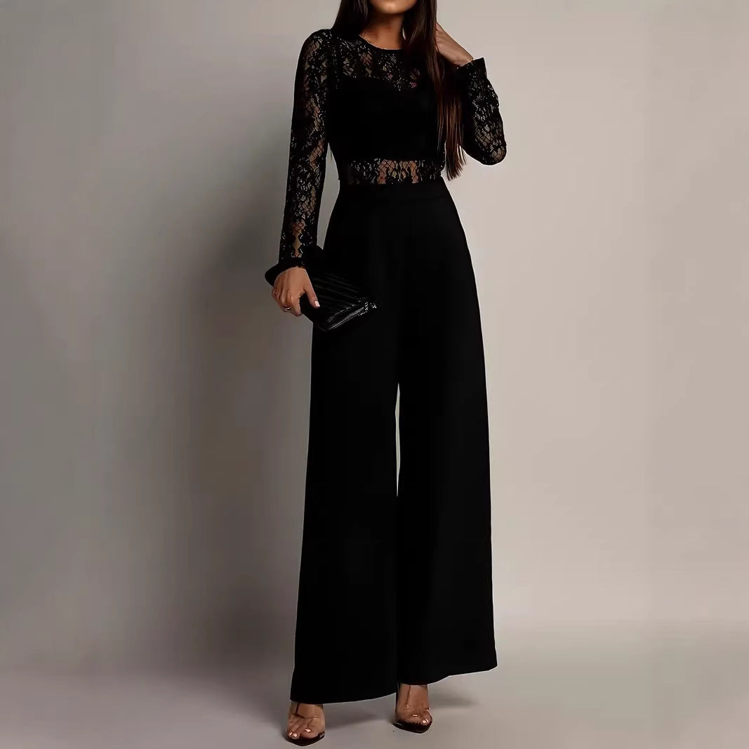 Womens Lace-Panel Long-Sleeve Wide-Leg Jumpsuit
