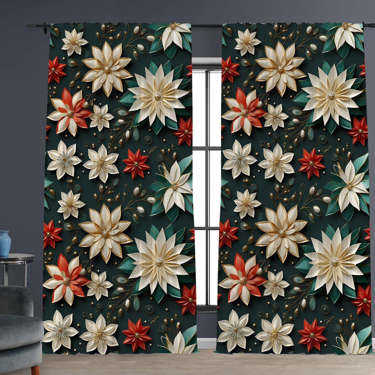 2pcs Christmas Curtain 3d Digital Printing Flower Type