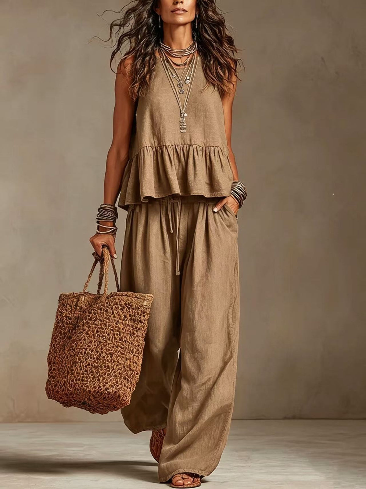 V-neck Ruffle Hem Sleeveless Crop Top & High Waist Wide Leg Linen Pants Two Piece Outfit Set