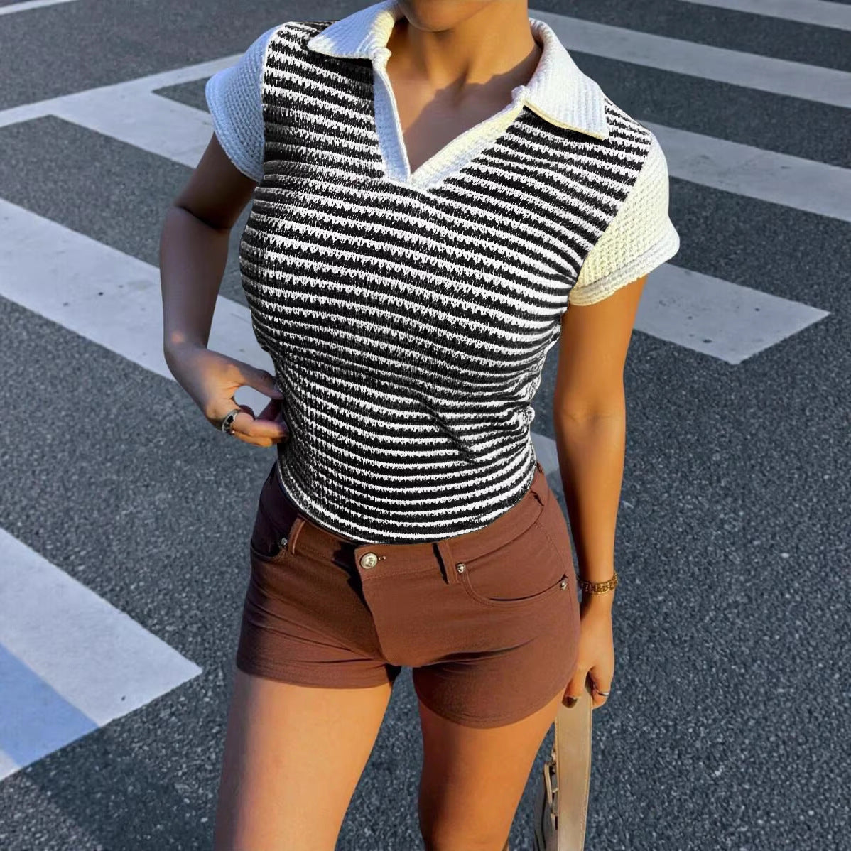Color‑Block Waist‑Defined Pleated Summer Short‑Sleeve Tee