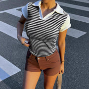 Color‑Block Waist‑Defined Pleated Summer Short‑Sleeve Tee