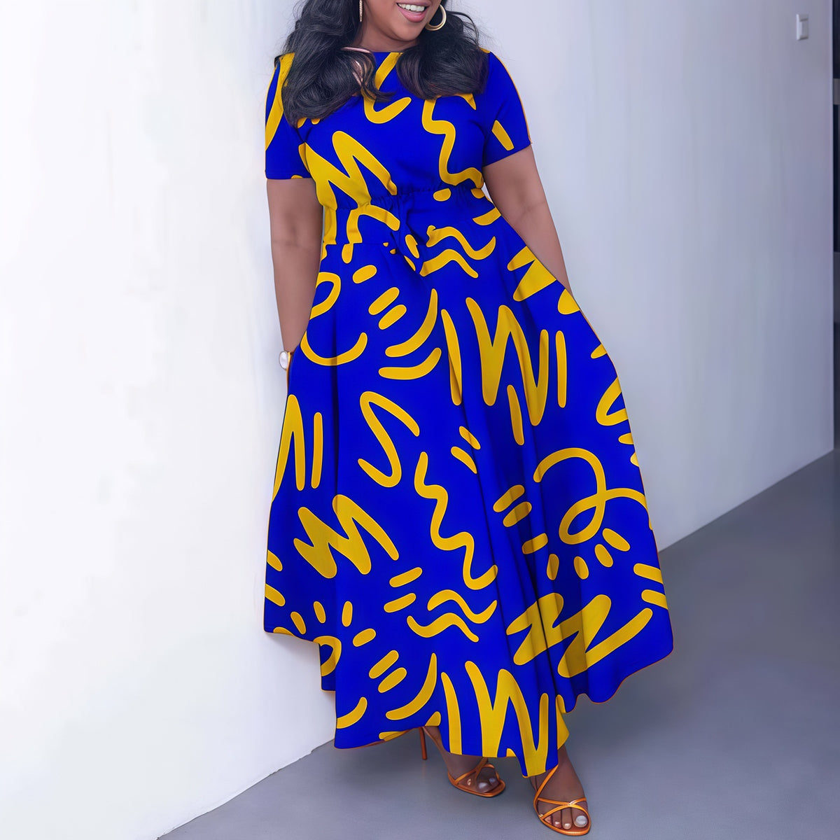 Loose-fit Printed Lace-up Dress for Women