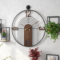 Modern walnut wall clock with wooden metal frame
