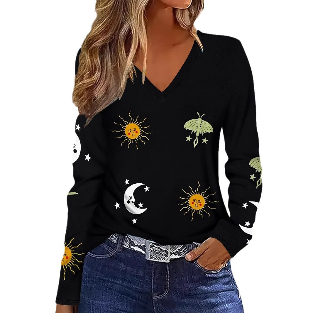 Sun Moon Star Butterfly Graphic Breathable Printed V-neck Long Sleeve T-shirt