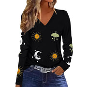 Sun Moon Star Butterfly Graphic Breathable Printed V-neck Long Sleeve T-shirt