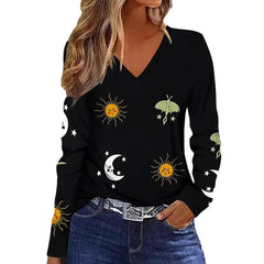 Sun Moon Star Butterfly Graphic Breathable Printed V-neck Long Sleeve T-shirt