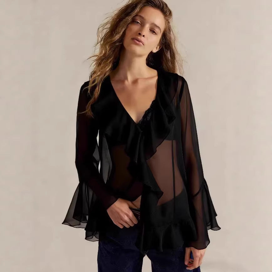 Sheer V‑Neck Long Sleeve Top – Solid Color, Ruffle Detail