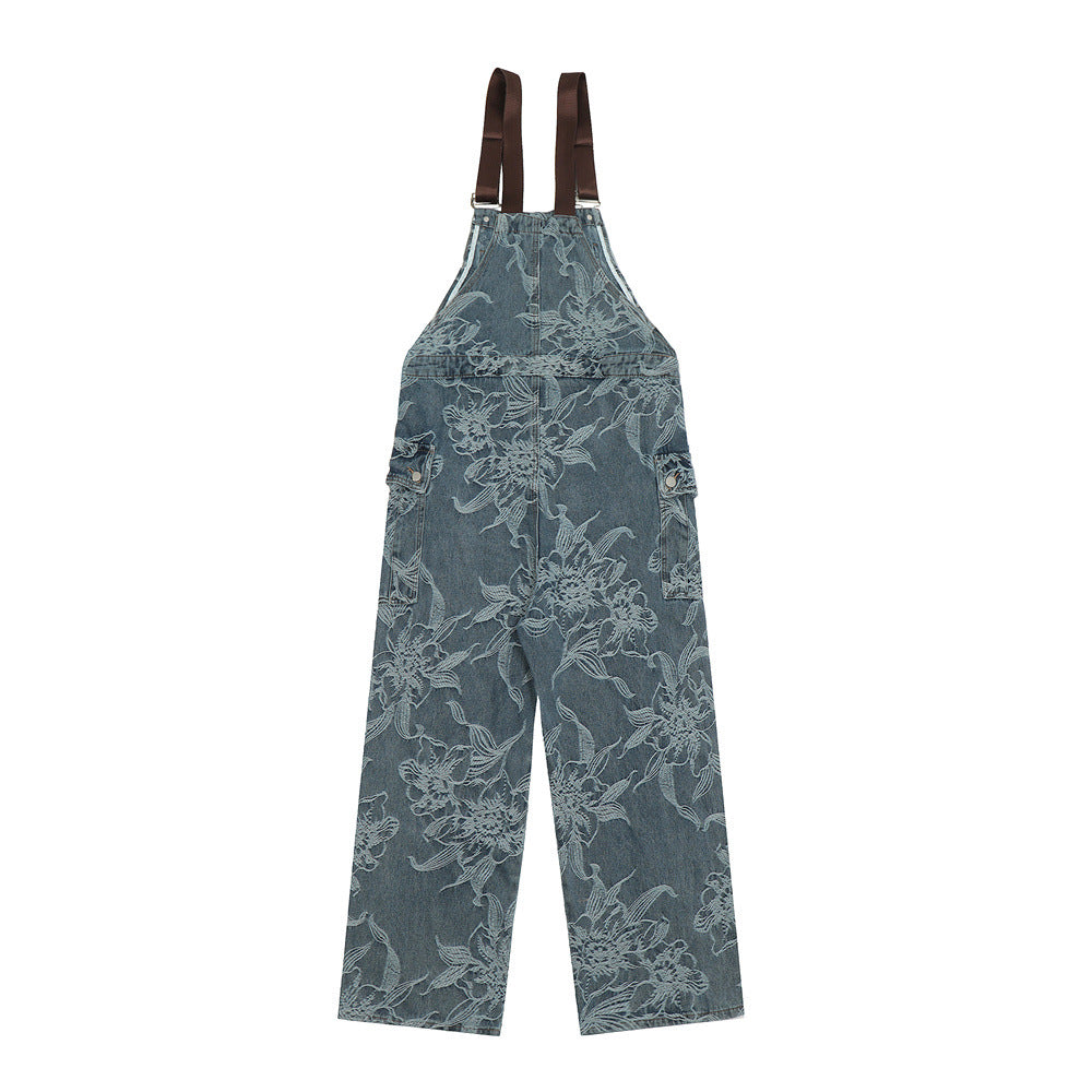 Men's Flower Jacquard Denim Suspender Overalls