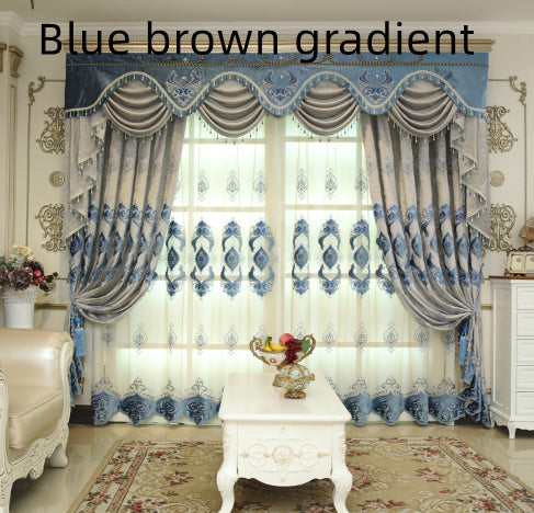 Blue Chenille Embroidered Curtains for Living Room Bedroom and Villa