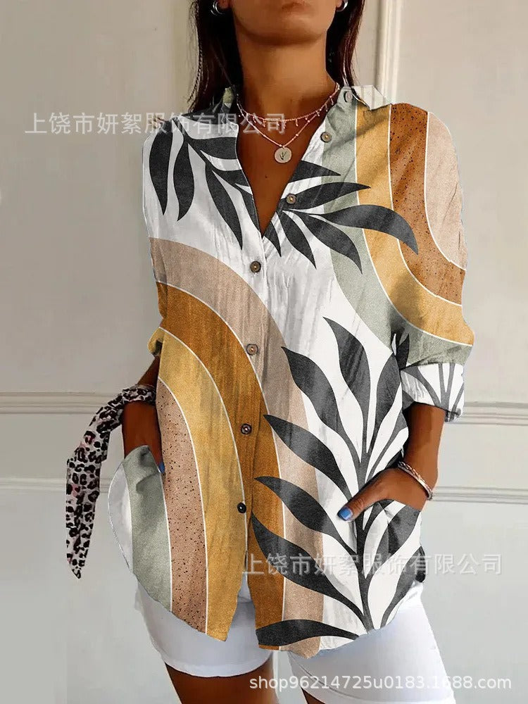 Women's 3D Digital Printing Fashion European And American Style Lapel Long Sleeve Shirt