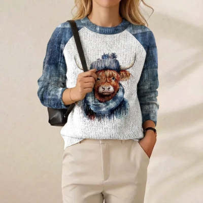 Anti-pilling Knitted Sweater with a Little Bear Print for Women