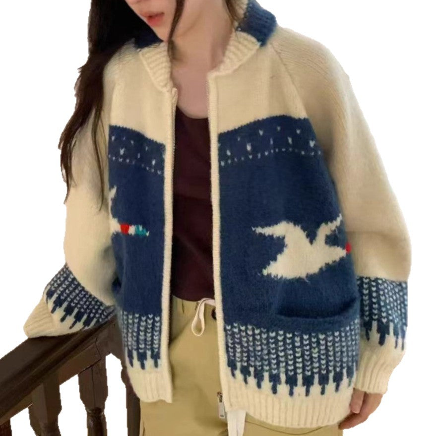 Jacquard Soft and Sticky Long-sleeve Knitted Cardigan Sweater for Women, Slimming