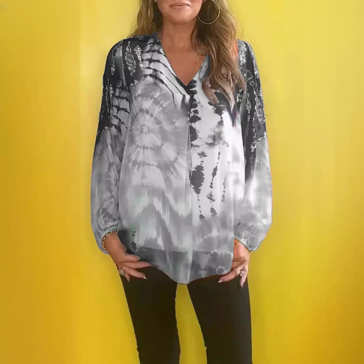 Casual Tie-dye Printing Multicolor V-neck Shirt