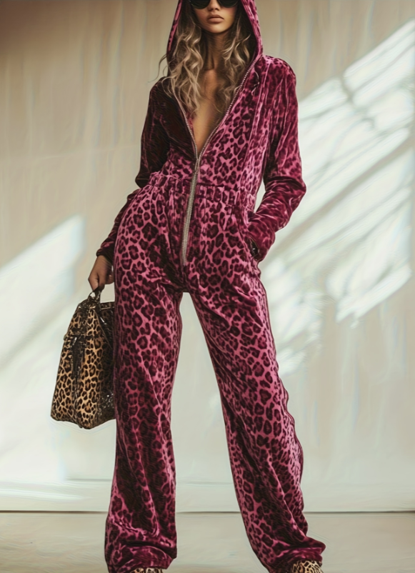 Velvet Leopard Print Hooded Zip-Up Jumpsuit
