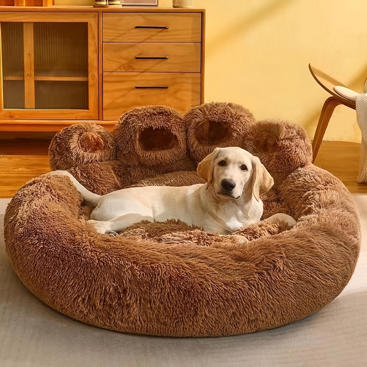 Cute Bear Paw Shaped Dog Bed And Cat Bed, Calm Donut Dog Bed, Warm And Comfortable Soft Dog Round Bed, Plush Dog And Cat Mattress Bed. Give Your Baby A Warm And Comfortable Mattress! with A Pet Scarf