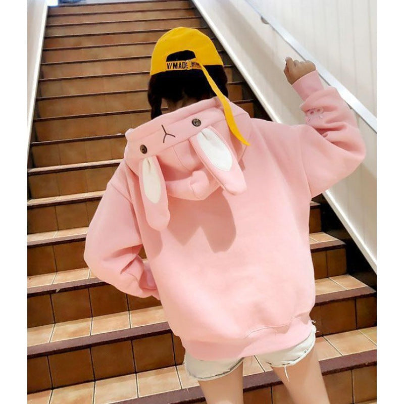 Cute Bunny Ear Embroidered Pocket Fleece Hoodie for Women