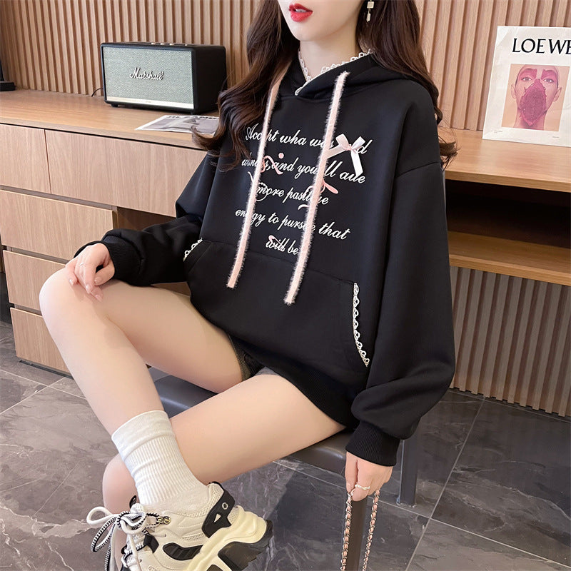Women's Letter Print Long Sleeve Hooded Sweater
