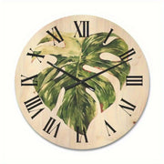 Modern Farmhouse Tropical Monstera Wall Clock with Roman Numerals- Green and Golden Large Easy-to-Read Black Hands, Artificial Wood Round Clock, Suitable for Living Room, Kitchen, Office-(AA Batteries Not Included)- Minimalist Home Decor Gift