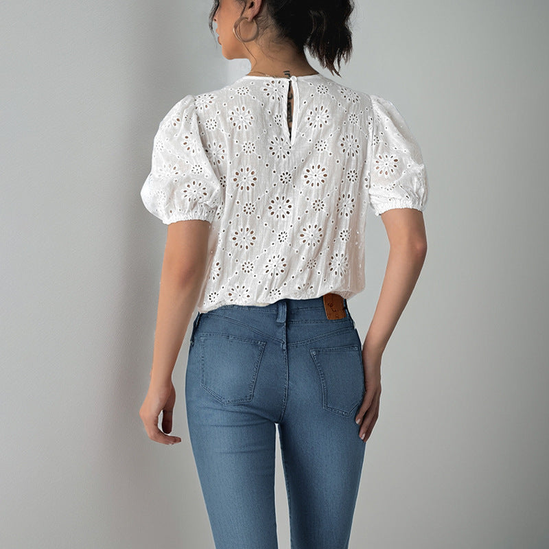 White Puff Sleeve Lace-Up Casual Vacation Jumpsuit