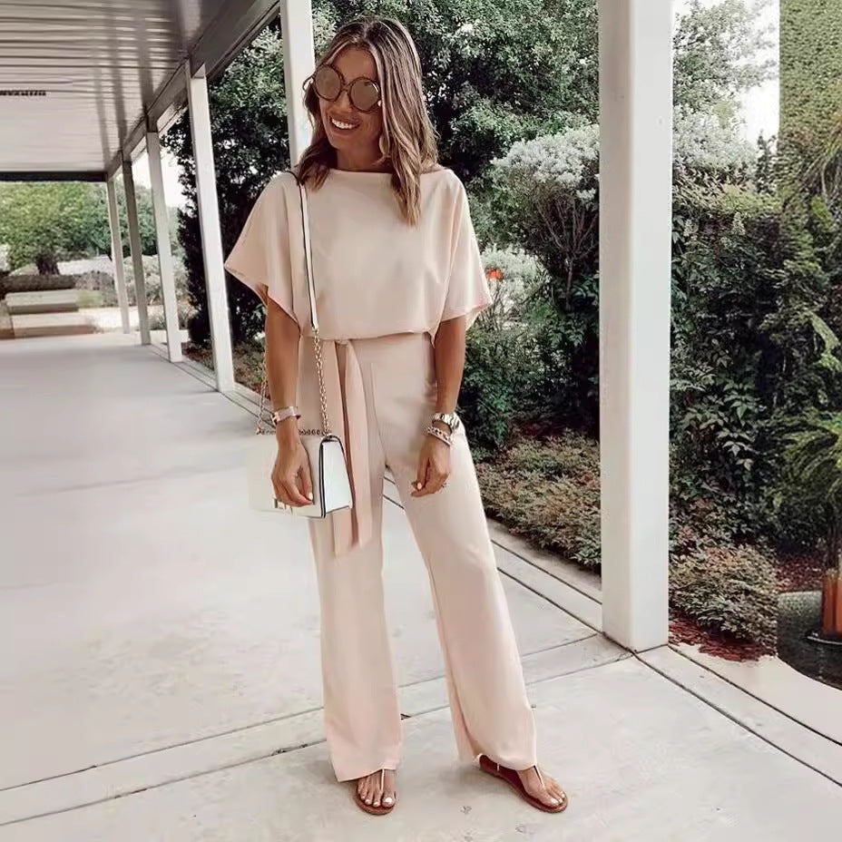Women's Loose Casual Lace Up Jumpsuit Short Sleeve