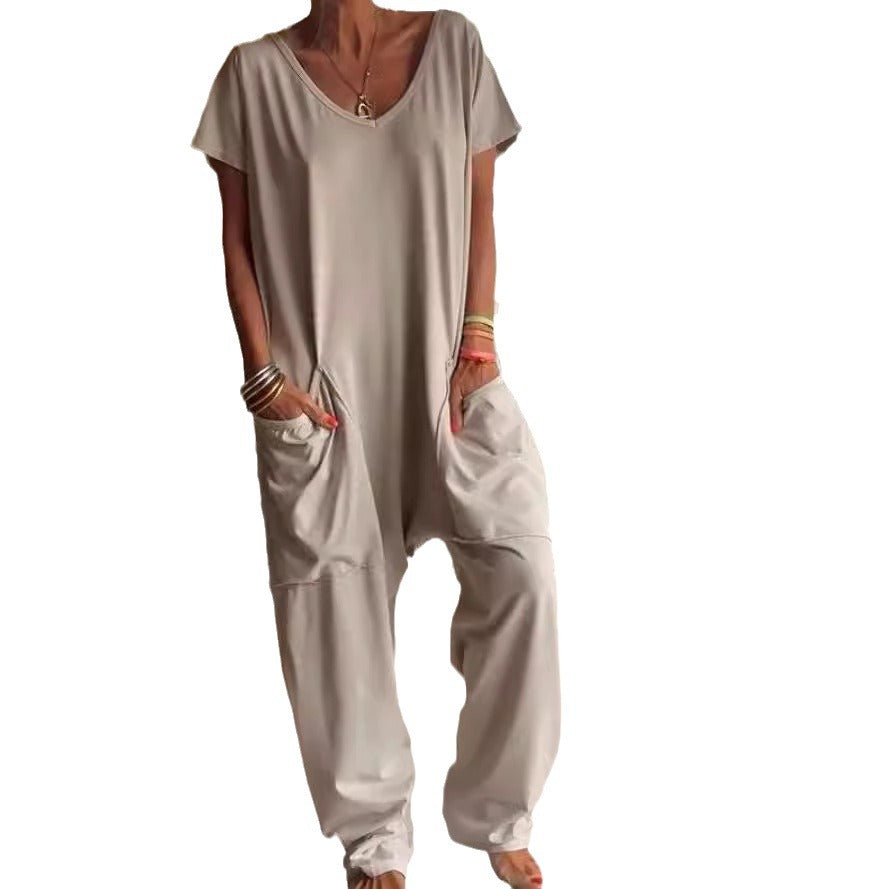 Oversized V-Neck Pocket Jumpsuit Casual Romper
