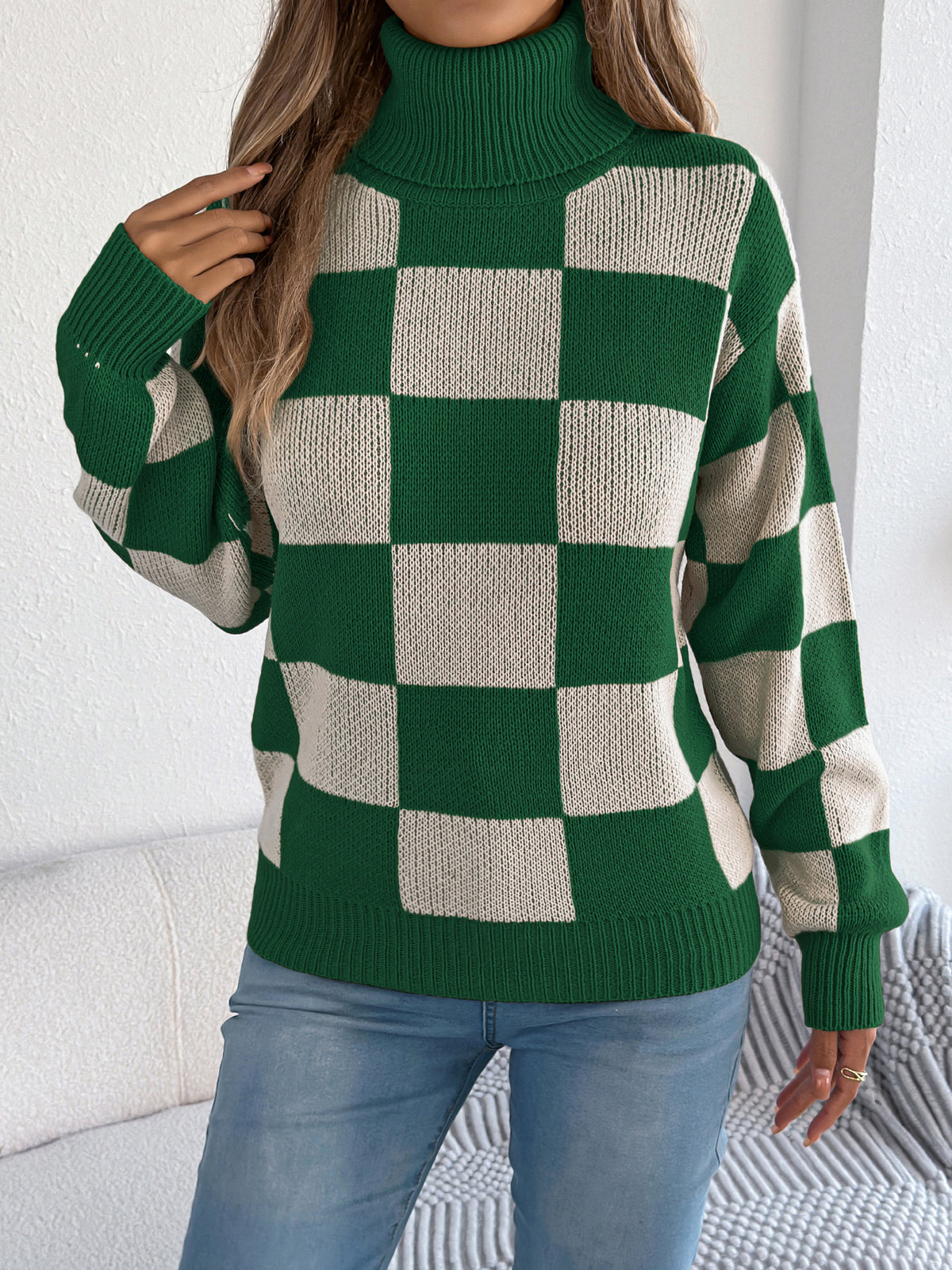 Women's High Neck Color-blocked Plaid Lantern Sleeve Sweater