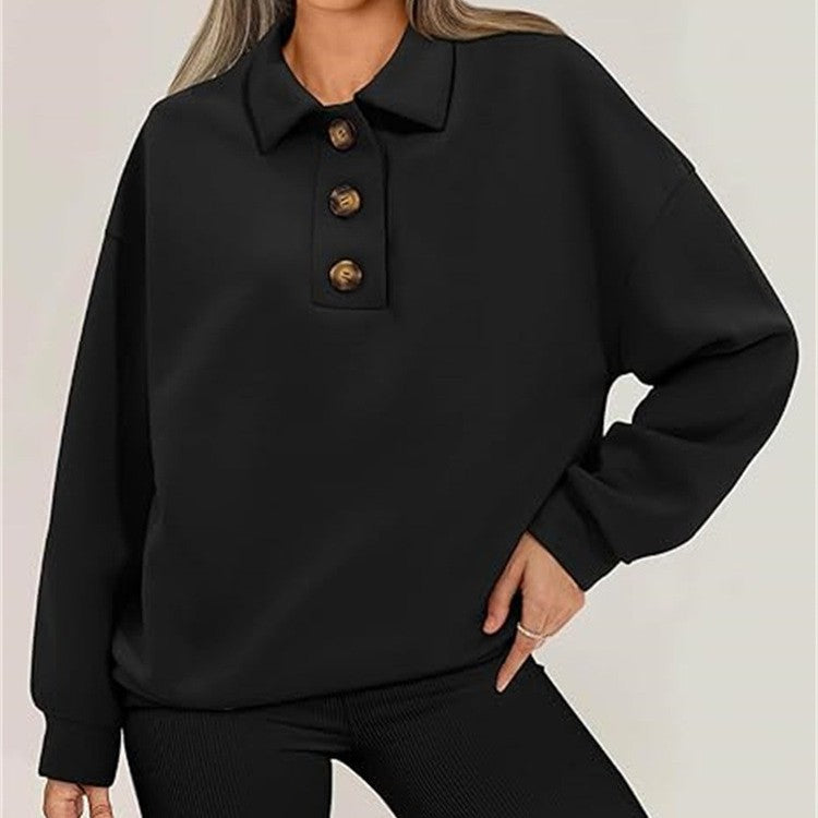 Cozy Solid Color Polo Collar Loose Long Sleeve Sweatshirt